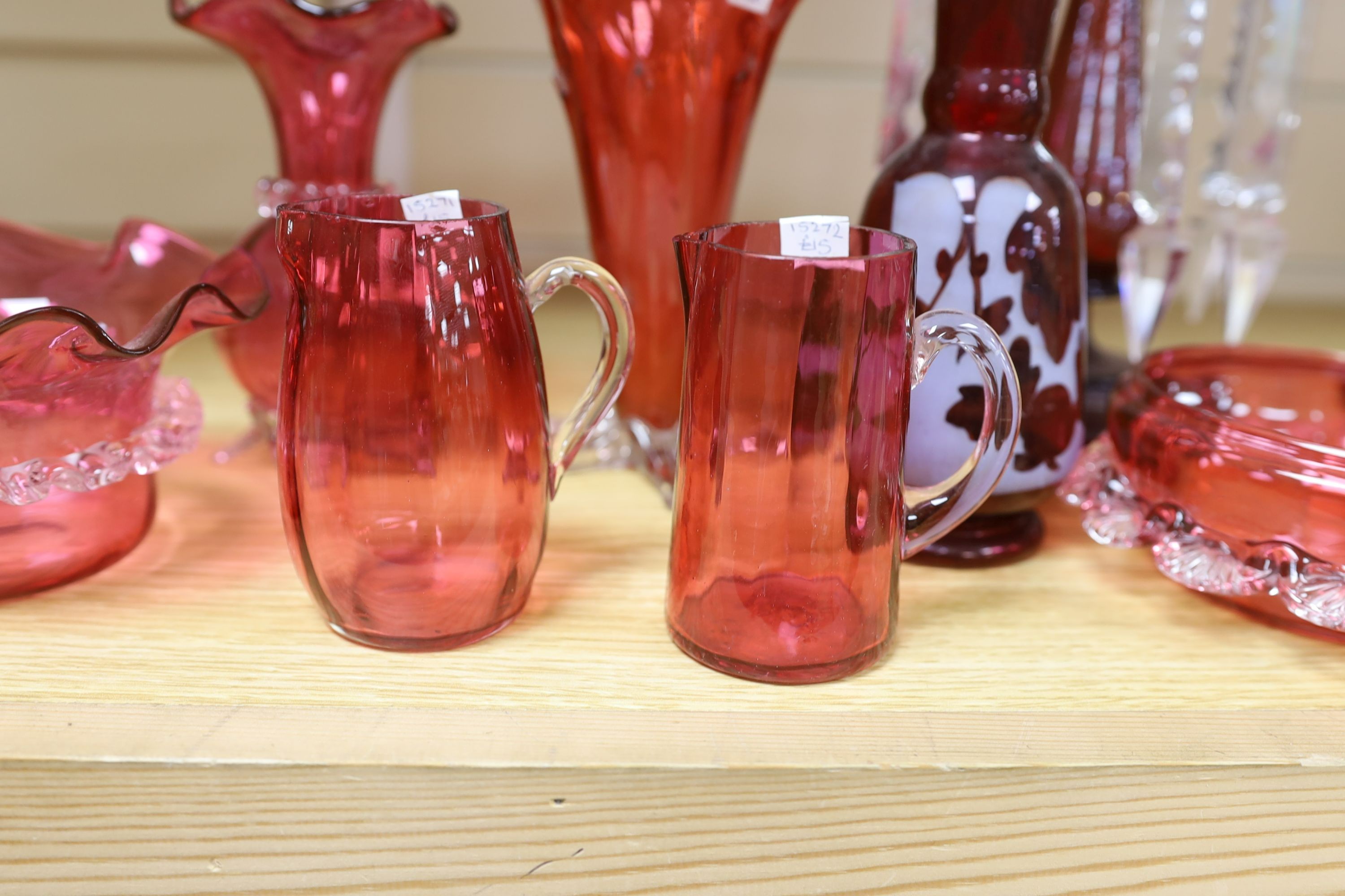 A Victorian ruby glass table lustre, cranberry glassware etc (10) tallest 27cm